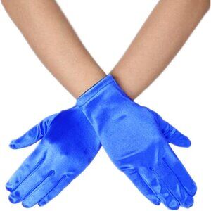 Women's Blue Vintage Short Length Satin Fabric Mittens Wrist Gloves Designed